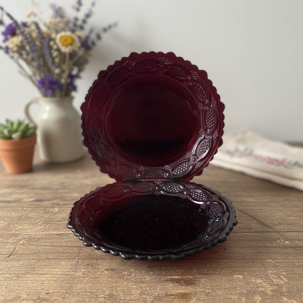 Avon 1876 Cape Cod Dessert Plates, Set of 2, Vintage Red Glassware, Replacements